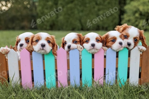 Preview: Puppies King Charles Spaniels in a basket against the backdrop of nature in the hot summer