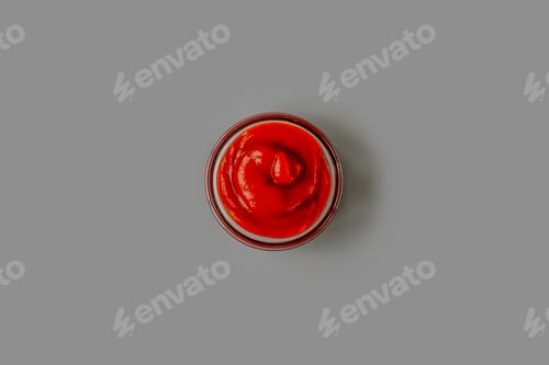 Preview: Gravy boat with ketchup on a gray background, top view.