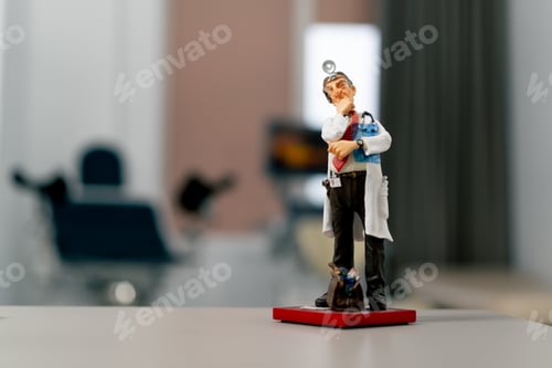 Preview: Close-up of a ceramic figurine of a doctor in a white coat with a frontal reflector on his forehead