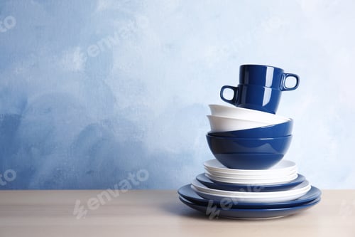 Preview: Set of dinnerware on table against color background with space for text. Interior element
