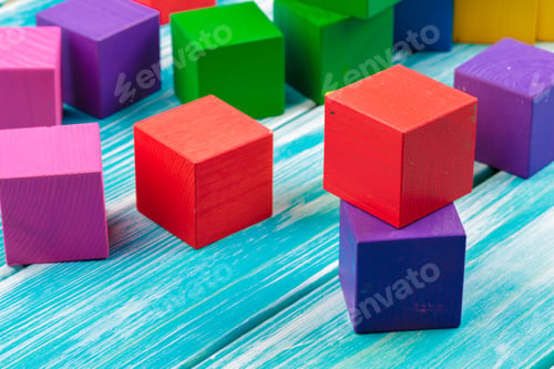 Preview: toy blocks heap, multicolor wooden bricks stack
