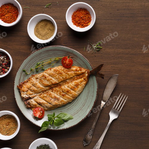 Preview: White fish juicy fillet grilled on barbecue