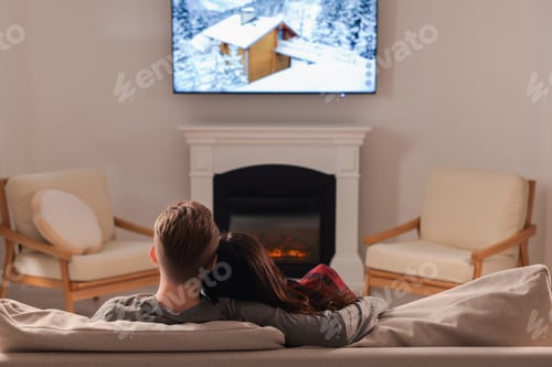 Preview: Lovely couple spending time together on sofa near fireplace at home, back view