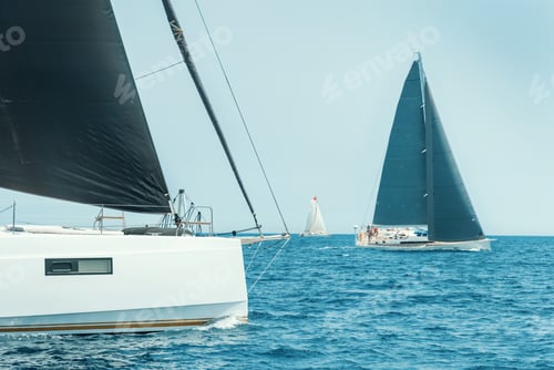 Preview: Sailboats races under blue cloudless sky. Essence of nautical spirit and teamwork