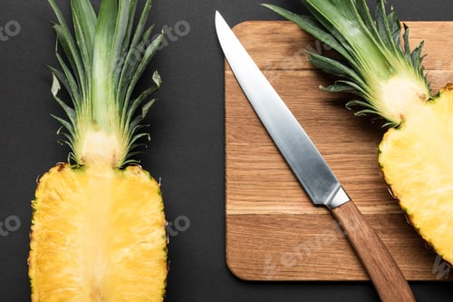 Preview: top view of cut ripe pineapple on wooden chopping board with knife on black background