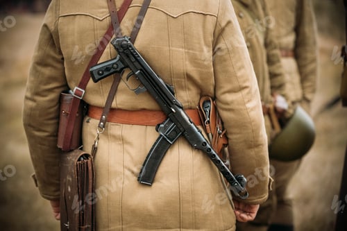 Preview: Re-enactor Dressed As Russian Soviet Infantry Soldier Of World War II With Sub-machine Gun Weapon