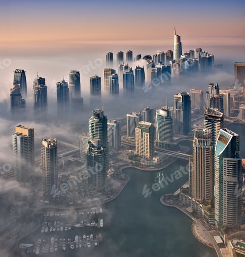 Preview: Aerial view of the cityscape of Dubai, United Arab Emirates, with the marina in the foreground.