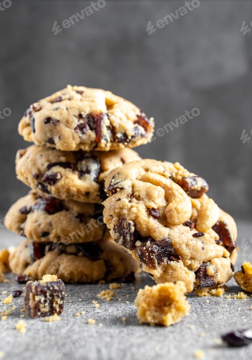Preview: Stack of tasty chocolate cookies on gray table