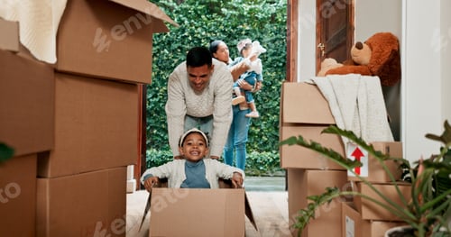 Preview: Portrait, father and girl with boxes for play, bonding together and connection with cardboard in ho
