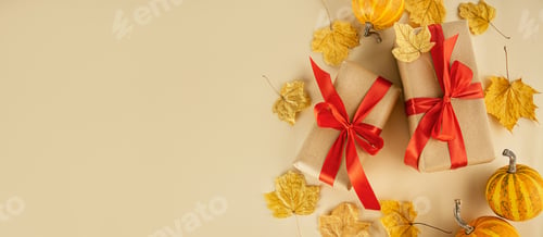 Preview: Autumn composition.Gift boxes,fresh pumpkins with autumn leaves.Thanksgiving day.