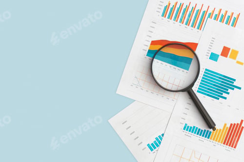 Preview: Business graphs, charts and magnifying glass on table. Financial development, Banking Account