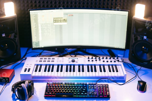 Preview: Control panel of a modern music recording studio with a computer screen