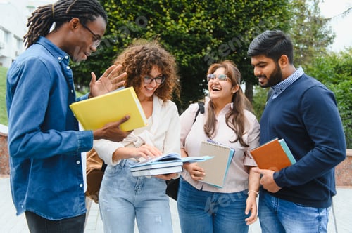 Preview: Diverse students laughing learning together on campus