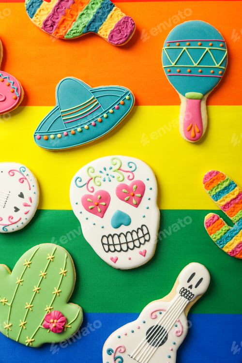 Preview: Mexican symbols in the form of gingerbread. Day of death. LGBT flag.