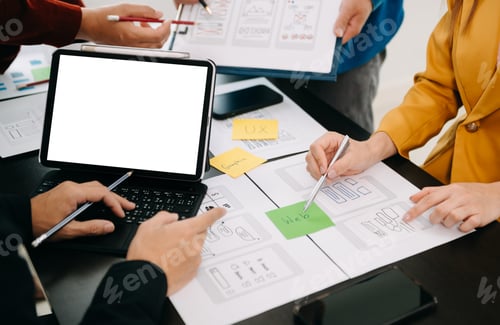 Preview: UX developer and ui designer brainstorming about mobile app interface wireframe design
