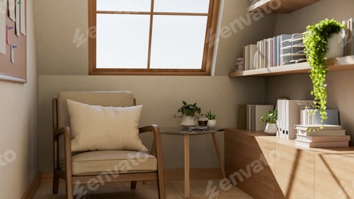 Preview: A glass top wooden table with armchair next to bookshelf under roof window in attic or room corner.