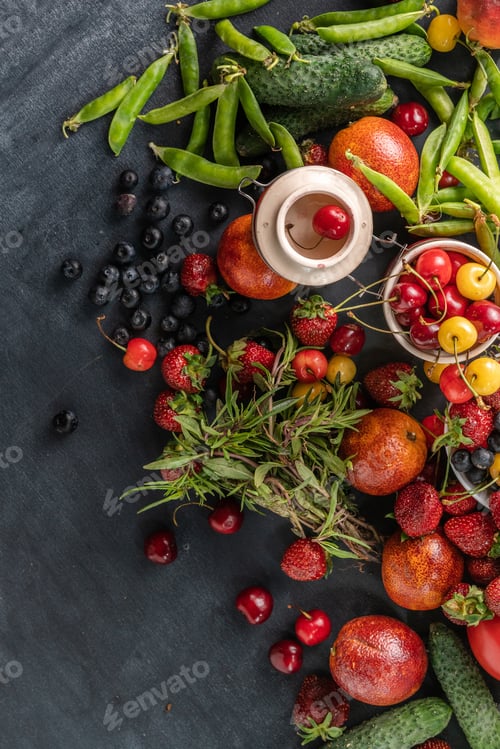 Preview: huge variety of fresh raw harvest of fruit vegetables and berries