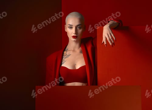 Preview: Portrait, fashion and mockup with a woman on a red background in studio for marketing, advertising
