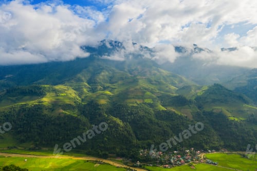 Preview: Paddy rice terraces, green agricultural fields in countryside of mountain hills valley, Vietnam.