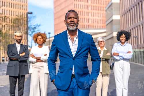 Vista previa: Portrait of a mature african american businessman and work team