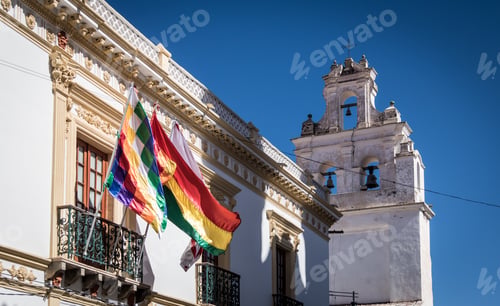 Preview: Church tower and Wiphala and Bolivia Flags - Sucre, Bolivia