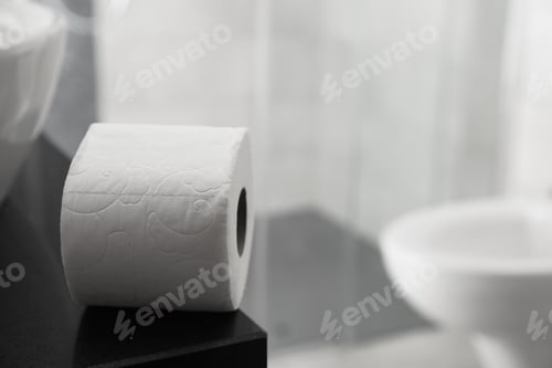 Preview: Toilet paper roll on table in bathroom. Space for text