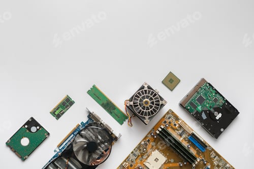 Preview: view from above flat lay of computer components details on the colorful background