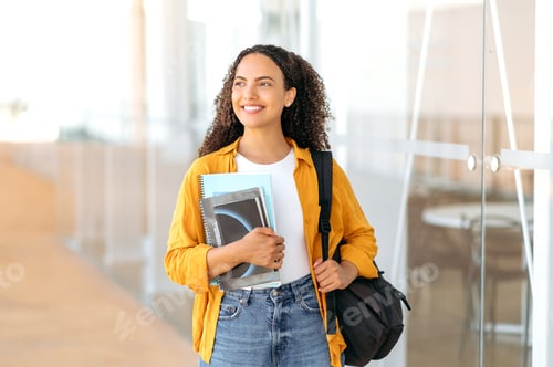 Preview: Woman university student. Happy lovely brazilian or hispanic female student, with a backpack, hold