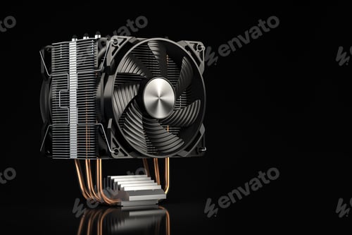 Preview: CPU cooler with heatpipes on black background.