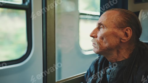 Preview: portrait of pensive elderly man looking out window while traveling in train compartment