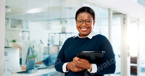 Preview: Woman, business and tablet in portrait with glasses, career development and administration in offic