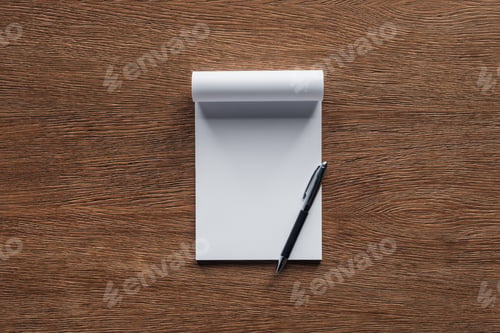 Preview: Blank notebook with pen on wooden background
