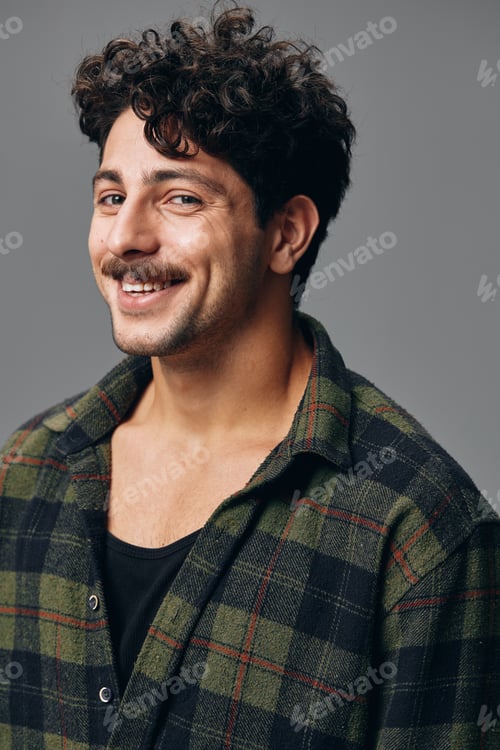 Preview: Man face portrait handsome cheerful hipster fashion shirt smile copyspace trendy