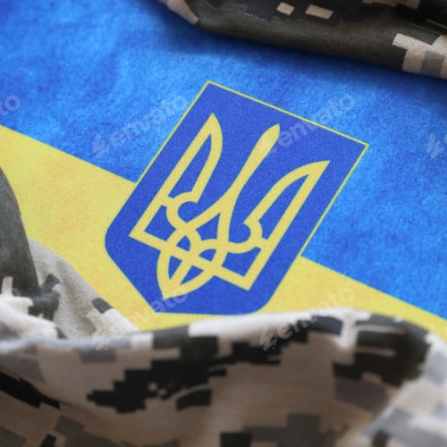 Preview: Ukrainian flag and coat of arms with fabric with texture of pixeled camouflage
