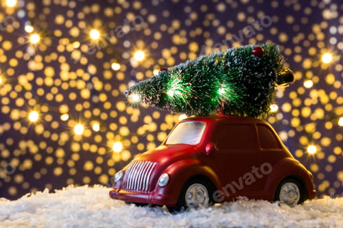 Preview: Red car with Christmas tree. Holiday background for greetings.