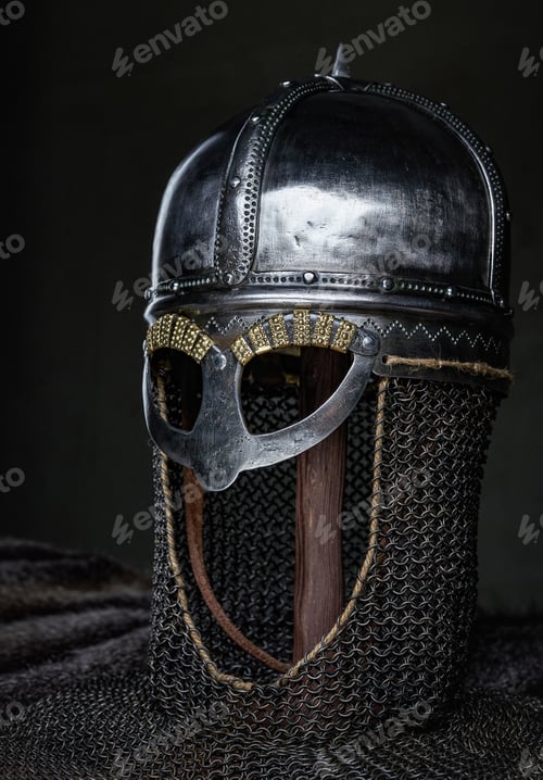 Preview: Single medieval helmet on stick around fur