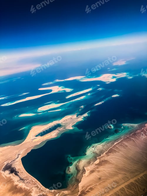 Preview: Aerial top view from airplane coastline Egyptian Desert islands. Red sea