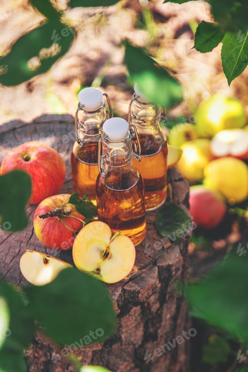Preview: Apple cider vinegar in the garden. Selective focus.