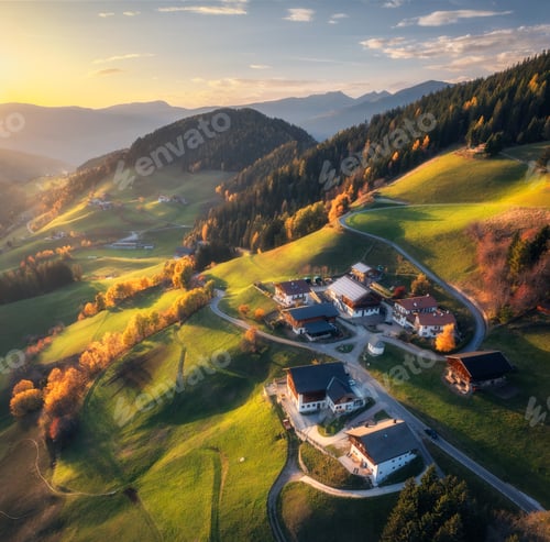 Preview: Aerial view of amazing green alpine meadows, orange trees, hills