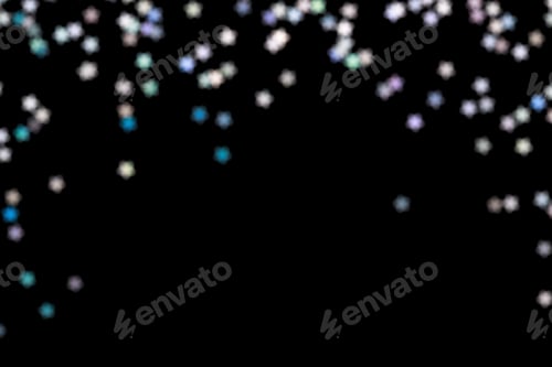 Preview: Falling Iridescent bokeh on Black Background, Glowing Christmas Lights Border, Defocused Garland