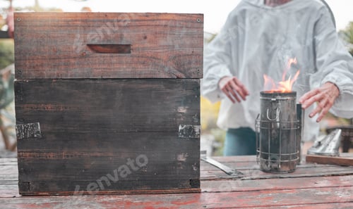 Preview: Beekeeper, fire and production of honey for food, sustainability and small business on a farm. Agri
