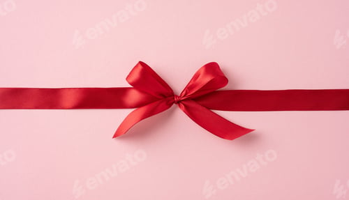 Preview: A red satin ribbon tied in an elegant bow on a soft pink background, symbolizing love, romance