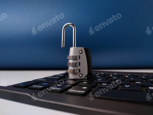 Preview: The image displays combination padlock resting on a computer keyboard, symbolizing digital security
