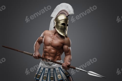 Preview: Handsome greek spearman with helmet against grey background