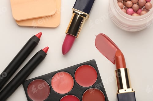 Preview: Minimal modern cosmetic scene with make up brushes, eye shadows palette, lipstick