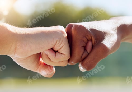 Preview: Hands, fist bump or sports people in success, support or collaboration for fitness or exercise trai