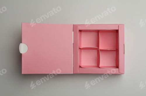 Preview: Empty pink box for candies on light grey background, top view