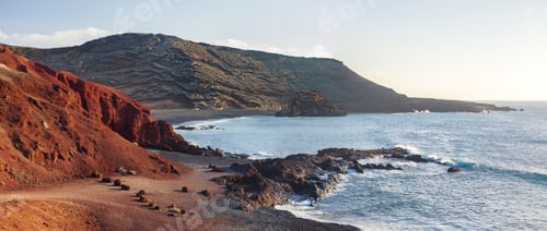 Preview: Panorama of a black and red volcanic beach in El Golfo