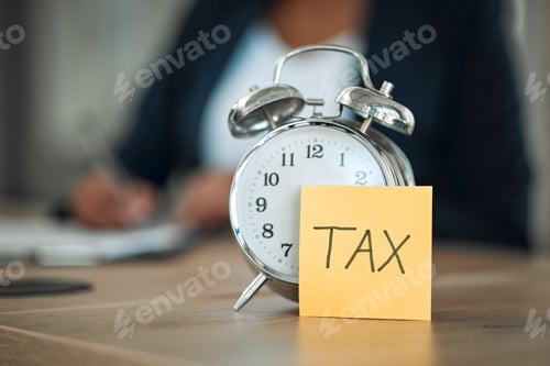 Preview: Taxes, clock and business person writing for financial report, accounting paperwork and documents o