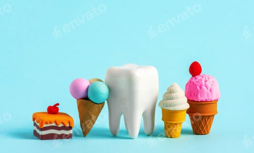 Preview: Human tooth model with tiny sweets. Unhealthy sweet food cases caries concept.